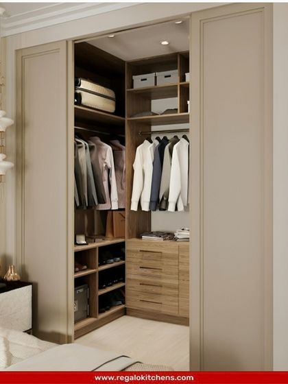 A space-saving sliding door wardrobe that reveals a fully organized interior. This is an ideal solution for rooms where a swinging door would be impractical.