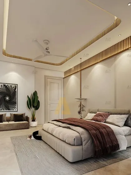 This bedroom design uses fluted wood paneling and cove lighting to create a warm and inviting ambiance. The clean lines and neutral palette are complemented by a bold piece of abstract art.