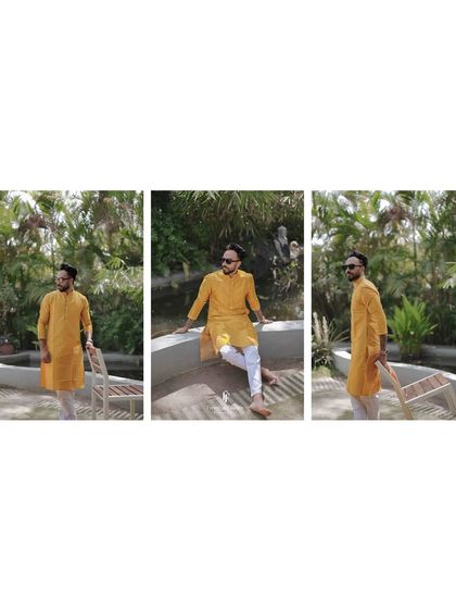 A triptych of the groom posing in his yellow kurta, capturing his confident and happy mood on his Haldi day.