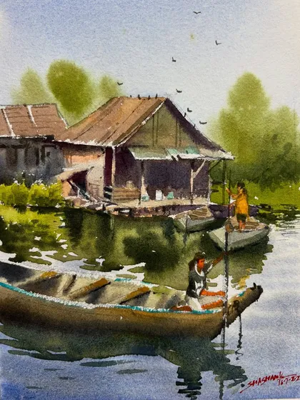 This watercolor painting features a tranquil river scene with boatmen. The reflections in the water were a key element, created with careful brushwork to mimic the ripples.