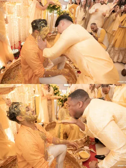Friends and family having a great time during the groom's haldi. These are the moments of pure fun and bonding.