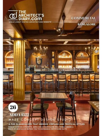 A full view of the bar at Adda 1522 as featured in the magazine. This project was a deep dive into the materials and styles that define old Bangalore's charm.