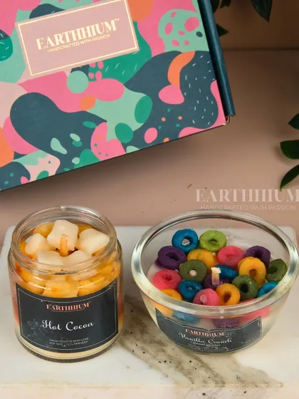A cozy duo for a relaxing evening: my Hot Cocoa and Vanilla Crunch cereal bowl candles, packaged in a beautiful gift box.