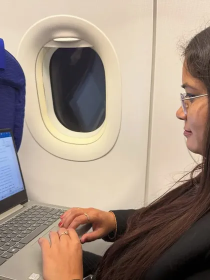 Work doesn't stop, even at 30,000 feet. Preparing for a case while on a flight.