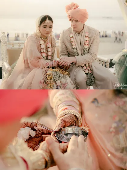 A diptych of sacred moments from a beach wedding. The top shows the couple during the ceremony, and the bottom is a close-up of the rituals, with the ocean in the background.