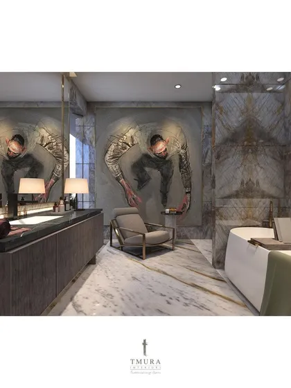 We transform bathrooms into personal spas. This space features floor-to-ceiling bookmatched marble, a freestanding tub, and a custom dark wood vanity. The large-scale wall art adds a layer of unexpected personality and sophistication.