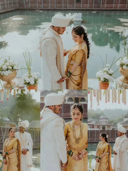A collage of portraits from a beautiful outdoor Konkani wedding in Goa, set against the backdrop of a serene temple pond.