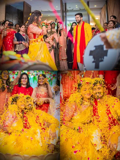 The fun and messy side of a Haldi ceremony, from the guests playfully applying turmeric to the couple being completely covered in it.