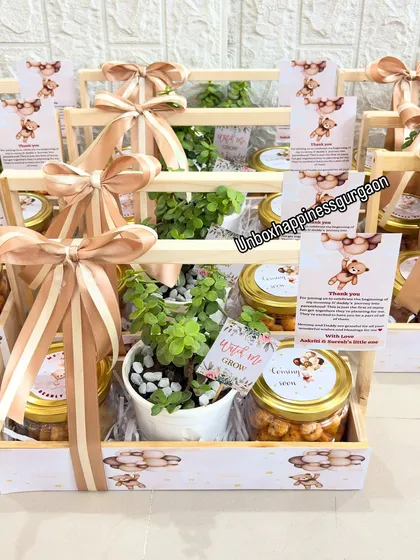 A front-facing view of the teddy bear themed favors, showcasing the personalized thank you card and the arrangement of items in the basket.