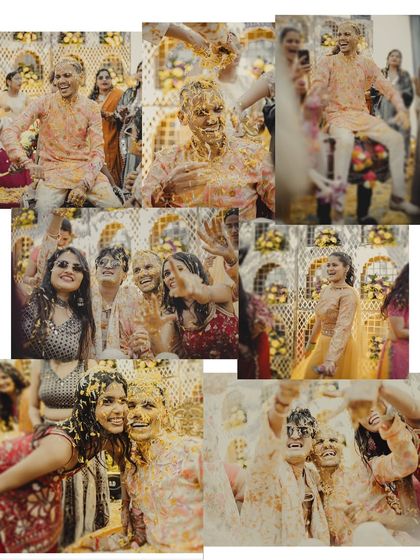 A collage showcasing the high-energy moments of a rocking Haldi function. From being lifted by friends to getting completely covered in haldi, these photos are all about capturing the wild and happy memories.