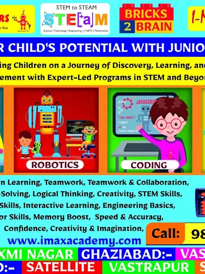 This graphic promotes our core offerings of Abacus, Robotics, Coding, and LEGO, listing the key skills children develop, such as problem-solving, creativity, and logical thinking.
