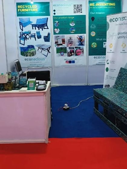 Our exhibition stall at the UP Global Investors Summit 2023, where we displayed our recycled bench and planters to potential investors and partners.
