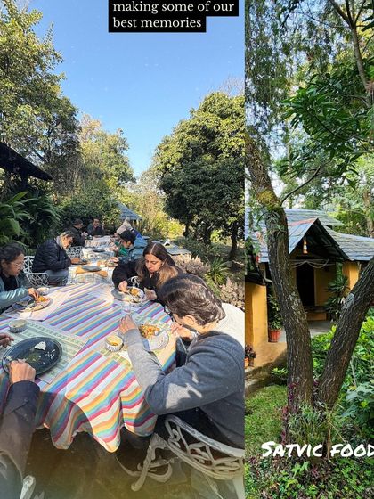 Sharing a simple, satvic meal outdoors at the Mirage Andretta. These moments of community dining are some of the most cherished memories from our yoga getaways.