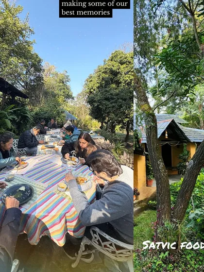 Sharing a simple, delicious sattvic meal outdoors. Eating together in nature enhances the experience, making the food taste even better and fostering a deeper connection among us.
