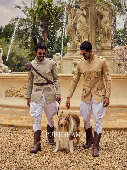 A modern take on heritage dressing. These bandhgalas in khaki and olive, paired with Jodhpuri pants and riding boots, are styled for the man who appreciates camaraderie and unspoken elegance.