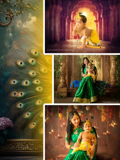 This collage showcases the magic of a Krishna-themed photoshoot, from a mother and child as Yashoda and Krishna to a divine portrait of the little one, highlighting our creative and cultural sessions.