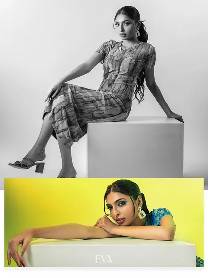 A unique composite image contrasting a full-length black and white shot with a vibrant color close-up. This highlights our ability to work with different editing styles to create a compelling narrative.