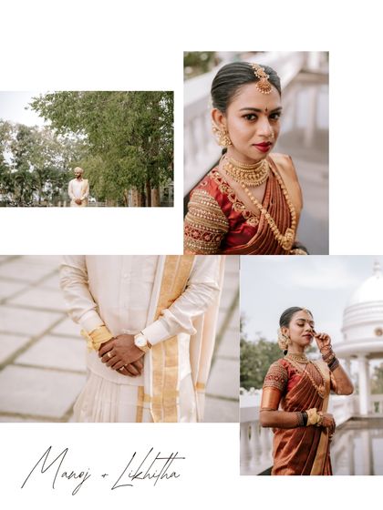 A collage capturing the story of a couple's wedding day through details. It includes portraits of the bride and groom, as well as close-ups of their attire and hands.