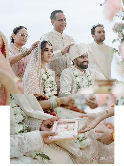 A collage capturing the intimate moments of a Hindu wedding ceremony in Thailand, from the parents' blessings to the exchange of rings.