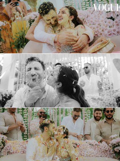 A collage of a vibrant Haldi ceremony in Mauritius, as featured in Vogue India. These shots capture the uninhibited joy and beautiful chaos of the celebration, from playful smearing of turmeric to laughter among friends.