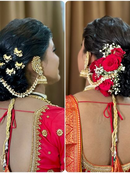 A comparison of two beautiful South Indian bridal hairstyles, one with traditional accessories and the other with fresh red roses.
