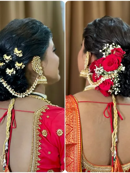 A comparison of two beautiful South Indian bridal hairstyles, one with traditional accessories and the other with fresh red roses.