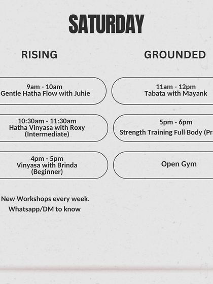Our Saturday schedule, featuring Gentle Hatha Flow, Tabata, and full-body strength training to energize your weekend.