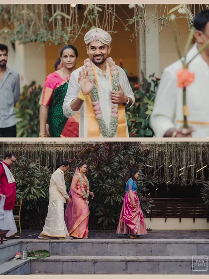 A collage showing the bride and groom's entrance, capturing the start of the wedding ceremony from different perspectives.