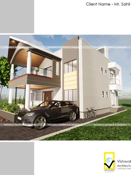 A side view of the Kadam's House bungalow in Lodhivali. This render shows how we design all sides of a building to be visually appealing, not just the front.