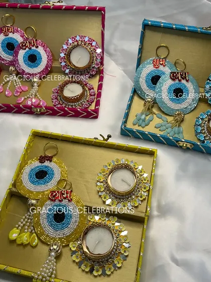 A full view of our vibrant Diwali combo boxes, available in four different colors. They are a perfect, affordable, and handmade gift for your loved ones during the festive season.