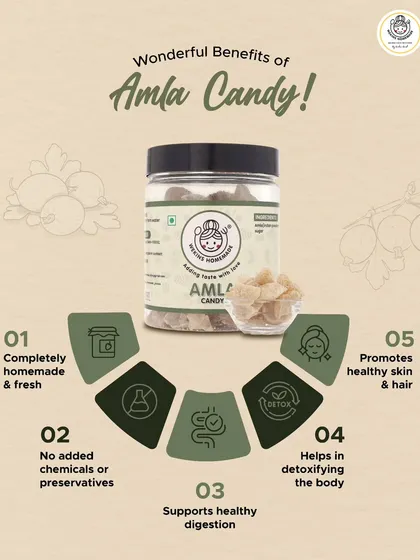 Our Amla Candy is more than just a treat. It's a completely homemade, preservative-free snack that supports digestion, helps in detoxification, and promotes healthy skin and hair, making it a truly guilt-free indulgence.