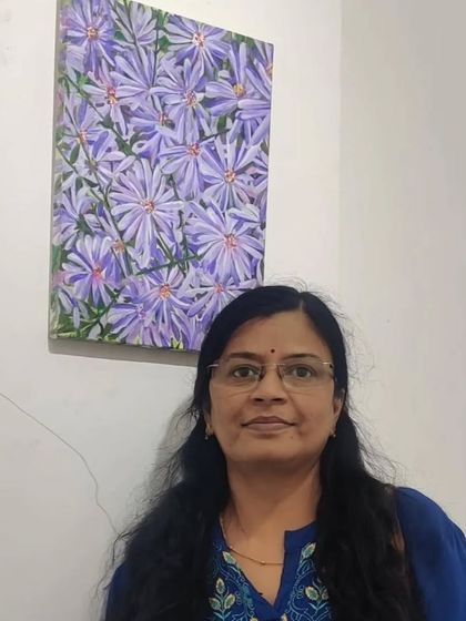 Standing with my sold painting, "Purple Haze." This close up of Aster flowers was inspired by a visit to Cubbon Park, and I am so happy it found a loving home.
