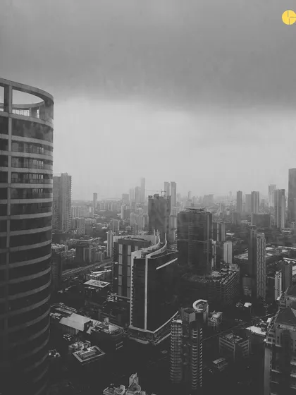 A moody, black and white shot of the Mumbai skyline from the 58WV project. This image captures the urban context that informs our design, a city of constant growth and verticality.