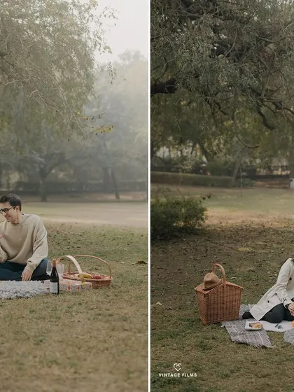 A romantic picnic for two in a misty park. This pre-wedding setup is perfect for capturing cozy, intimate moments in a relaxed, natural setting.