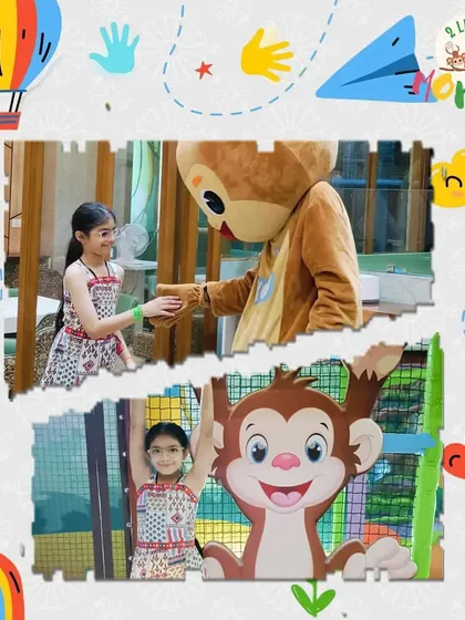 A sweet moment from our Rakhi celebration, where a little girl gets a high-five from our monkey mascot. We make sure our festive events are filled with play and memorable character interactions.