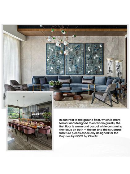 This page from our AD India feature shows the contrast between the formal ground floor and the warm, casual first floor, while maintaining a focus on art and bespoke furniture.