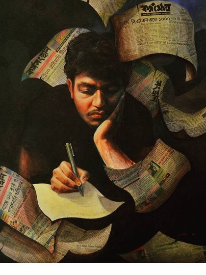 An oil on canvas painting by featured artist Arijit Sardar. We showcase professional work to inspire our students and highlight the storytelling power of portraiture.
