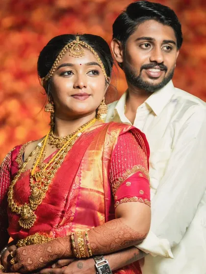 A happy couple portrait. The bride's makeup is soft and radiant, ensuring she looks like the best version of herself on her wedding day.