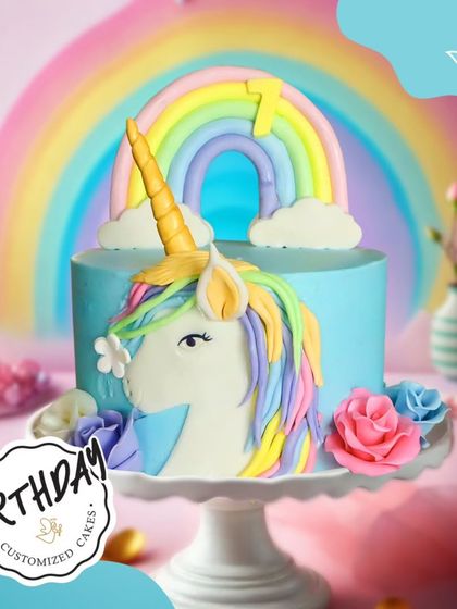 A magical unicorn and rainbow cake for a 7th birthday. This design features a beautifully detailed unicorn, colorful buttercream flowers, and a vibrant fondant rainbow arching overhead.