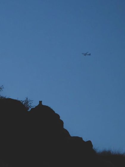 A leopard silhouetted against the sky with an airplane flying overhead. This image questions the narratives around urban wildlife and the need for better conservation strategies.