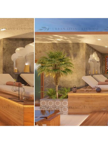 Details from the Moroccan terrace design, including planters with traditional tile patterns and comfortable loungers for a complete relaxation experience.