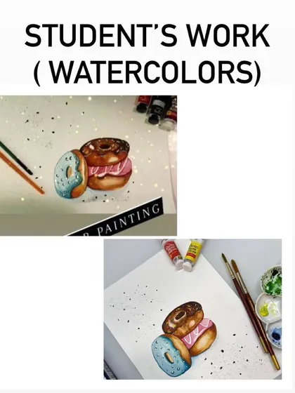 This is another student's take on the donut painting. It's amazing to see the fantastic results after just a two-day session, especially for someone new to watercolors.