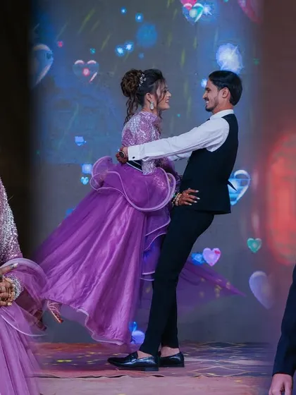 A creative collage capturing different moments from the Sangeet, from the couple's dance to the bride's happy expressions.