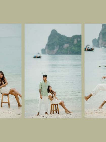 A triptych of playful moments on the beach. Using a simple prop like a stool can inspire a whole series of fun, interactive, and dynamic poses that showcase a couple's personality.