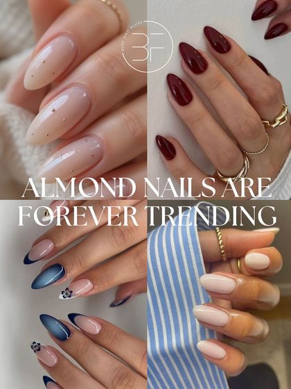 Almond nails are forever trending. This collage showcases the versatility of the shape, from simple nude to bold red and intricate designs.