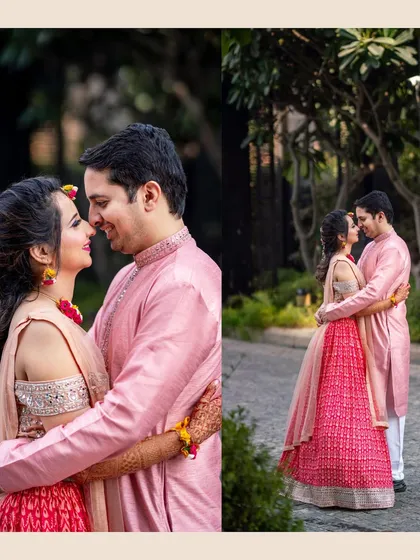 A collage of romantic moments between the couple during their haldi. Their connection is evident in every glance.
