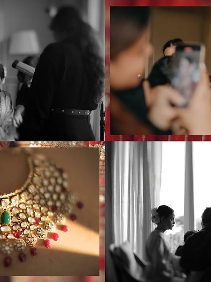 A collage of behind-the-scenes moments from Divya's bridal prep. It shows the makeup artist at work, a close-up of her stunning polki necklace, and the general atmosphere of anticipation.