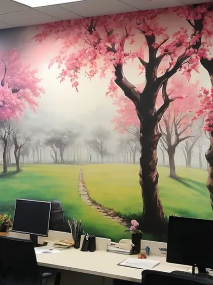 I transformed this standard office into a peaceful escape with a serene cherry blossom forest mural. This hand-painted landscape creates a calm and inspiring atmosphere, helping to reduce stress and boost productivity. It's a perfect example of how nature-themed art can completely change a workspace.