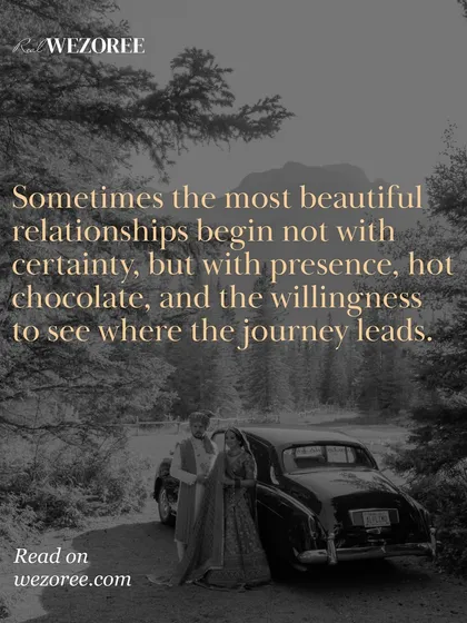 A quote from Naina and Ryan's love story, featured in Wezoree. This image, with the couple and a vintage car, perfectly complements the romantic and timeless nature of their journey.