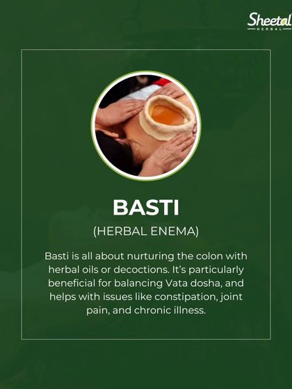 Basti is a therapeutic enema that uses herbal oils or decoctions to nourish and cleanse the colon. As shown in the image, this therapy is central to balancing Vata dosha, which governs movement and the nervous system. It is highly beneficial for chronic conditions like joint pain, constipation, and sciatica.